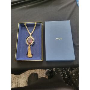 Vintage Avon Necklace Amethyst Glass & Faux Seed Pearl Tassel Pendant Gold Tone